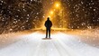 © Konstiantyn Zapylaie - Man walking alone at night on snowy lit pathway during winter snowfall