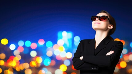 Confident businesswoman in sunglasses with vibrant bokeh night cityscape