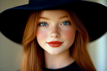 Redhead Beauty: A portrait of a young woman with red hair and freckles, wearing a black hat, looking directly at the camera with a warm, inviting smile.  Her blue eyes sparkle with a hint of mischief.