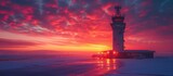 Airport control tower at sunset with red sky and clouds, snow on the ground and lights reflecting on the runway.