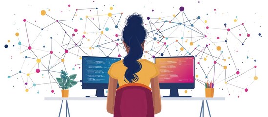 Wall Mural - woman working on her computer with a network of connections behind her.