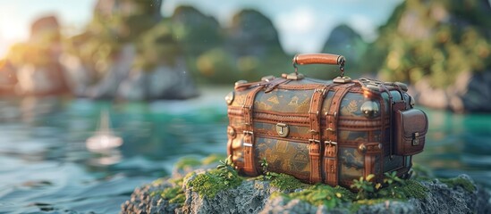 A vintage suitcase sits on a rocky shore surrounded by lush greenery and turquoise water.