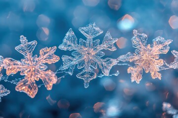 Leinwandbilder - Delicate snowflakes shimmer and glisten, showcasing intricate patterns in a dreamy blue atmosphere accented by soft glimmers of light. Generative AI