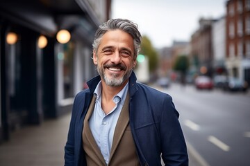 Sticker - Portrait of a handsome senior man with grey hair wearing a blue jacket.