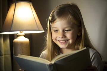 Smiling young girl reading a book under the soft glow of a lamp, enjoying a cozy and peaceful moment indoors while immersed in the story