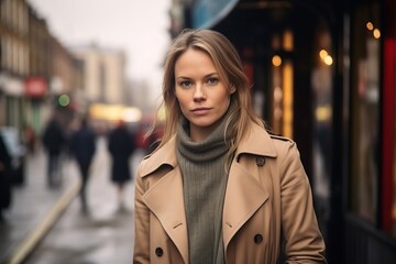 Poster - Portrait of a beautiful young woman in a beige coat on a city street