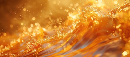 Poster - close-up of golden liquid splashing, creating a wave with bokeh background.