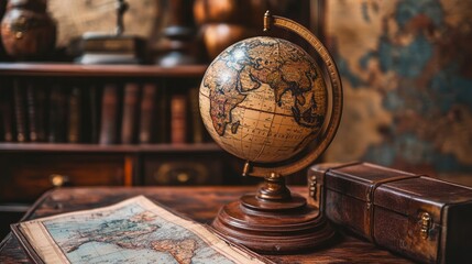 an antique map, globe, and book stored in a cupboard. science, learning, and past travel experiences