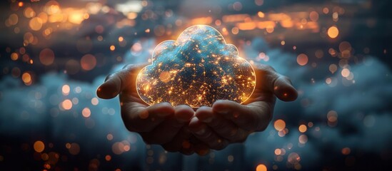 Wall Mural - close up of hands holding a glowing cloud with lights in the background.