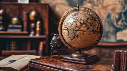 An antique map, globe, and book stored in a cupboard. Science, learning, and past travel experiences. geography and history team. Antiquated globe with historical map background.