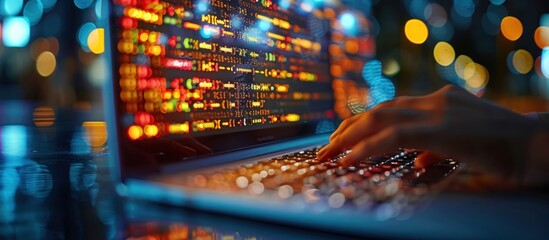 Wall Mural - Closeup of a hand typing on a laptop keyboard with a screen displaying colorful data and blurred city lights in the background.
