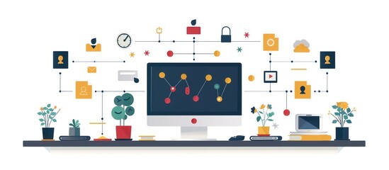 Wall Mural - computer monitor on a desk with connected network of lines and icons.