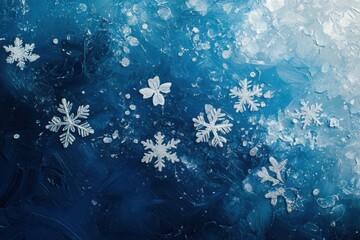 Poster - Glistening snowflakes dance across a deep blue backdrop, enchanting viewers with their abstract forms and serene winter beauty. Generative AI