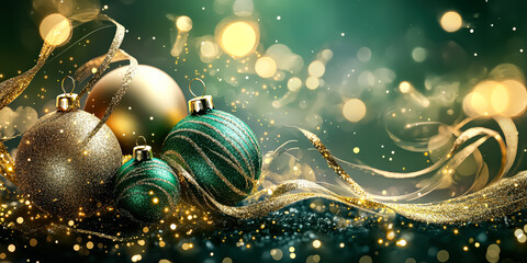 Wall Mural - green and gold christmas ornament with a gold ribbon. the ribbon is wrapped around the ornament and 