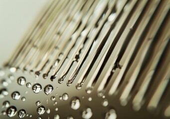 Close up of a wet hair comb with droplets, clear background, conveying freshness and cleanliness, ideal for personal care and grooming themes