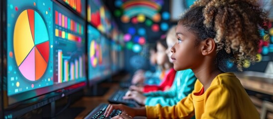 Wall Mural - young girl focused on a pie chart on a computer screen in a classroom.