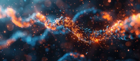 Poster - abstract orange and blue glowing particle trail with bokeh effect.