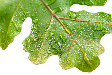 Oak leaf and dew drops in a close-up view on a transparent background