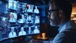 © VINA - A male doctor wearing glasses and a lab coat, looking at a computer screen with multiple video calls of other doctors.