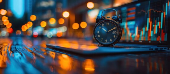 Wall Mural - a classic alarm clock resting on a laptop with a stock market graph on the screen in the background.