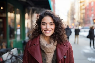 Wall Mural - Portrait of a beautiful young woman smiling in New York City.