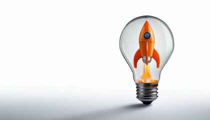 Image of a light bulb with an orange rocket inside, isolated on a white background. Concept of innovation, creativity, and new ideas. 3D Rendering