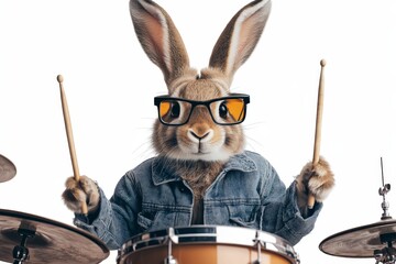 Enthusiastic hare in glasses and casual summer attire playing drums in minimalist style isolated