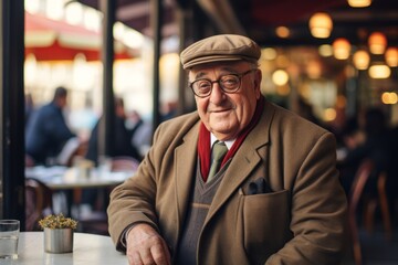 Wall Mural - Senior man sitting at a table in a coffee shop in Paris, France