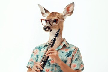 Charming portrait of a man- deer in glasses and floral shirt playing clarinet with a calm expression isolated