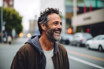 Wall Mural - Portrait of handsome middle-aged man smiling in the city streets