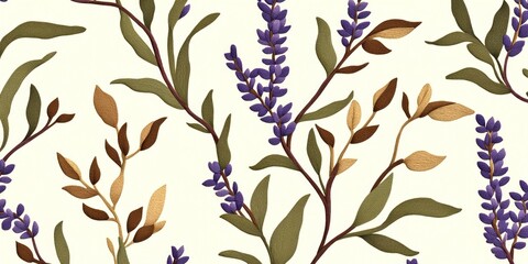 Wall Mural - This beautiful floral pattern features delicate lavender flowers and green leaves on a soft background. It is perfect for fabric design or home decor. A harmonious blend of nature and art. AI