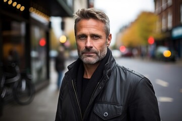 Wall Mural - Handsome middle-aged man with a beard in a black leather jacket on a city street.