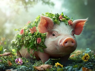 Sticker - Cute Piglet Adorned With Flowers in a Lush Forest