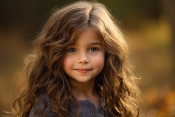 Wall Mural - Portrait of a beautiful little girl with long hair in autumn park