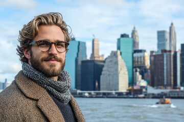 Man with beard and glasses in front of a city skyline