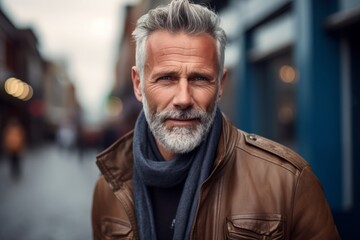 Wall Mural - Portrait of a handsome senior man with grey hair and beard wearing a brown leather jacket on a street in the city.