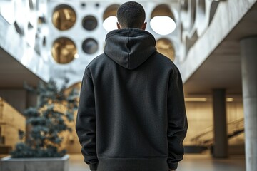 A Man in a Black Hoodie Stands Backwards in a Modern Building