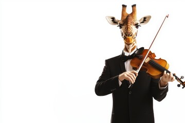 Man-Giraffe in elegant black suit playing violin with long bow in minimalist style on white background isolated