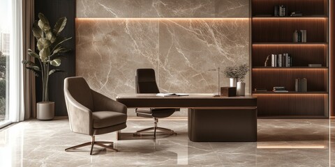 Poster - Modern office interior featuring elegant decor. The space showcases a stylish desk and comfortable chairs. A blend of luxury and functionality in a warm color palette. AI