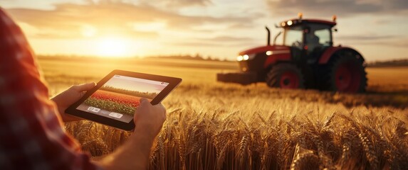 A farmer holding a tablet, using the app to track crop growth. A tractor in the background driving through a golden wheat field at sunset. Smart farmer