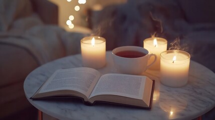 Close-up of a cup of tea, an open book, scented candles burning on a marble table, a comfortable chair, and bright lights in a bedroom. the wintertime vacation period.