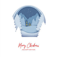 Wall Mural - paper christmas postcard winter landscape. pine trees, mountains, hills and small house in the fores