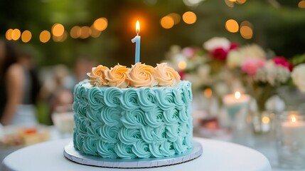 A single lit candle on a blue frosted birthday cake with pink and peach frosting roses sits on a white table with a blurry background of people and festive lights.