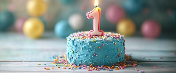 A single lit candle on a blue frosted cake with sprinkles. The cake is on a blue wooden table with a blurred background of colorful balloons.