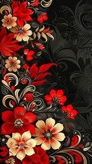 Wall Mural -  Vibrant Khokhloma floral pattern with red and gold accents on black background, traditional Russian folk art design