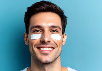 Man with Cream on His Face - Skincare Routine. Man smiling with eye patches on his face