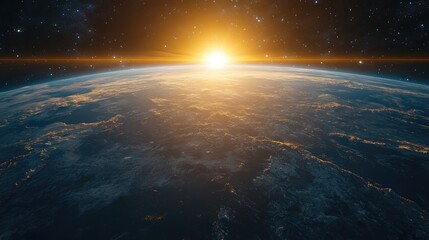 Wall Mural - 3d illustration showcasing a cartoon rendering of earth viewed from space featuring a glowing sunris