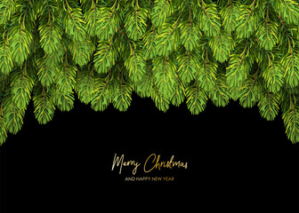 Wall Mural - green fir tree frame, christmas tree branches border. christmas and new year party invitation templa