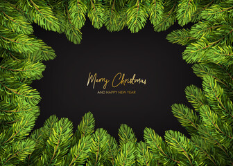 Wall Mural - green fir tree frame, christmas tree branches border. christmas and new year party invitation templa