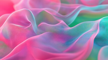 Glowing pink and blue mesh flows over a vibrant green and pink backdrop A digitally generated composition featuring color shape light and movement